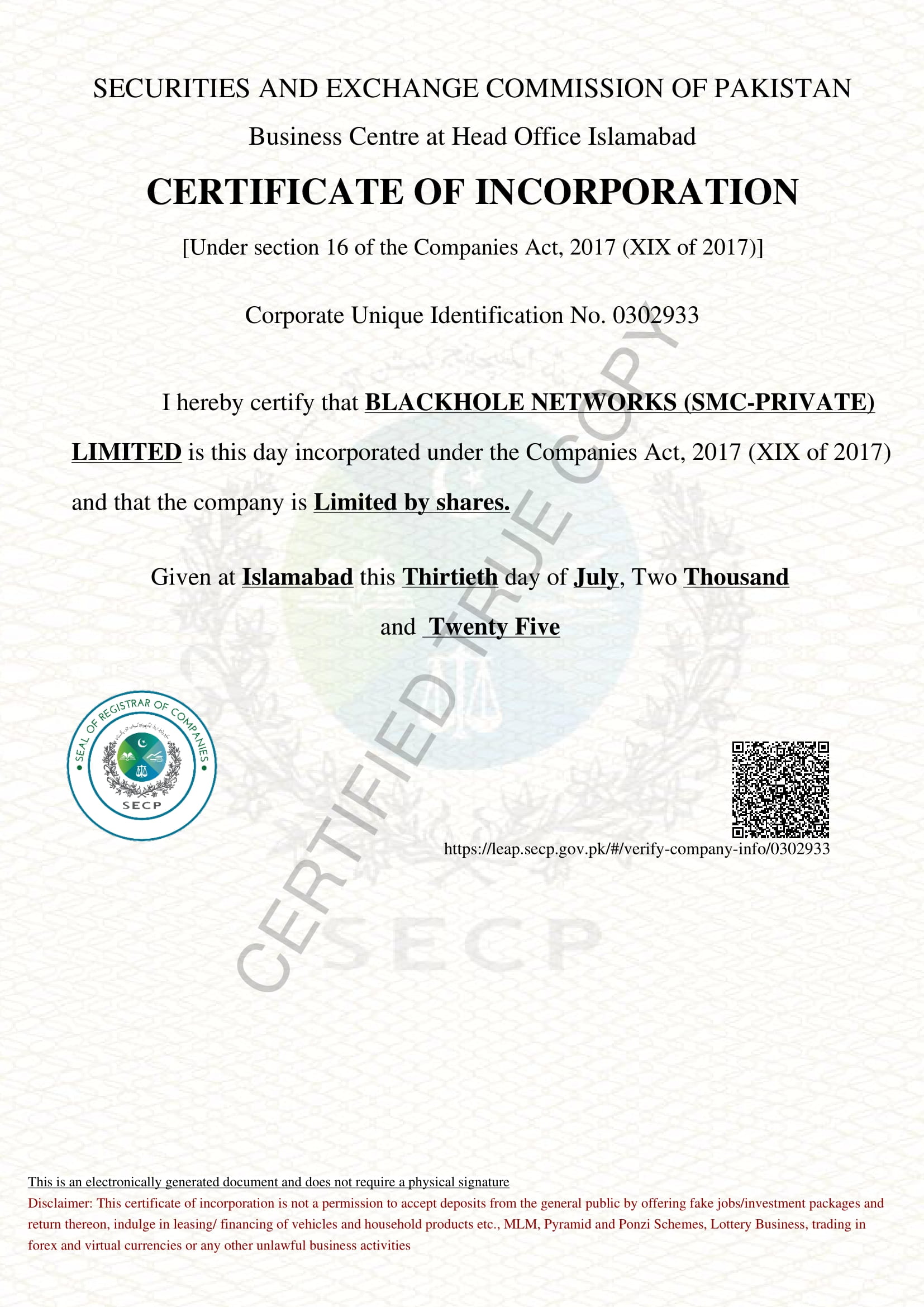 Corporate Certificate